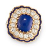 A DIAMOND, ENAMEL AND LAPIS LAZULI RING in 14ct yellow gold, the scalopped edge decorated with