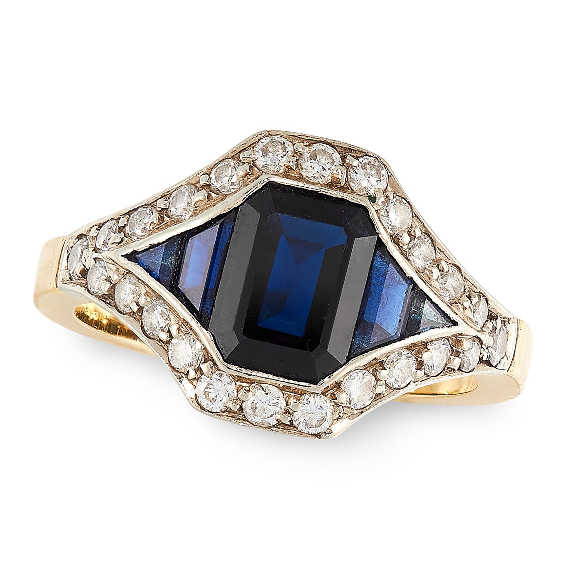 A SAPPHIRE AND DIAMOND RING in 18ct yellow gold, cet with a central emerald cut sapphire and