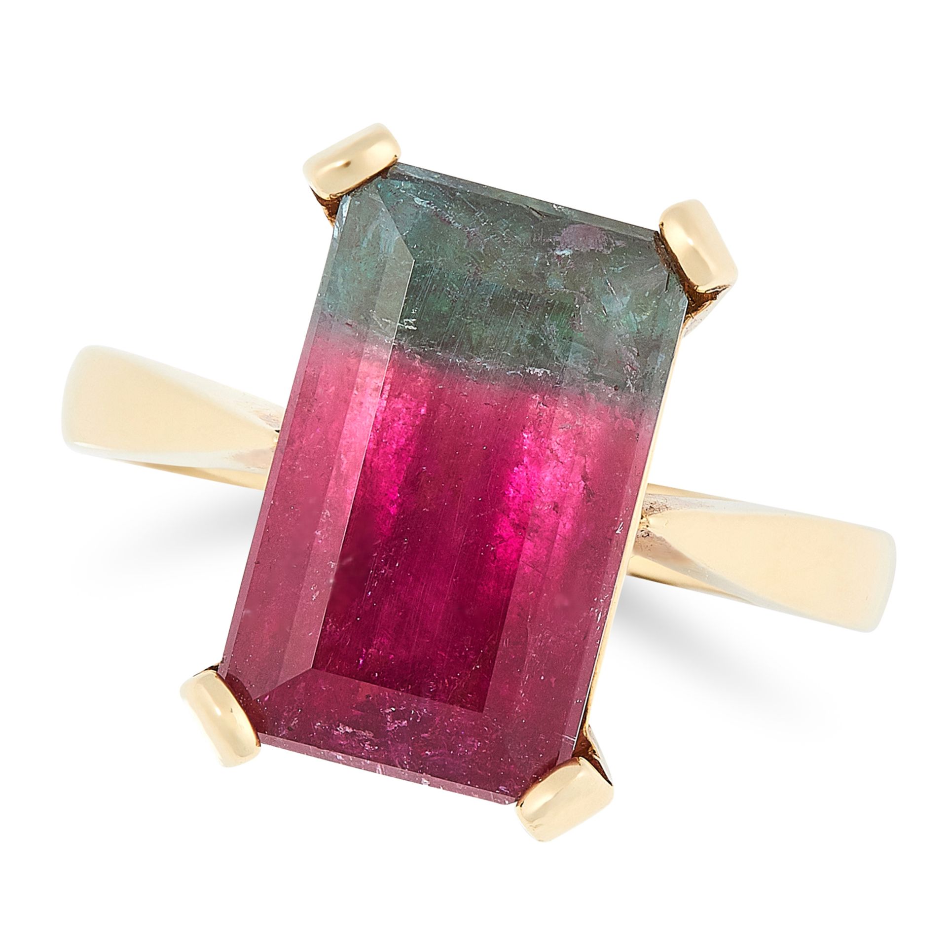 A WATERMELON TOURMALINE DRESS RING in 18ct yellow gold, set with an emerald cut watermelon