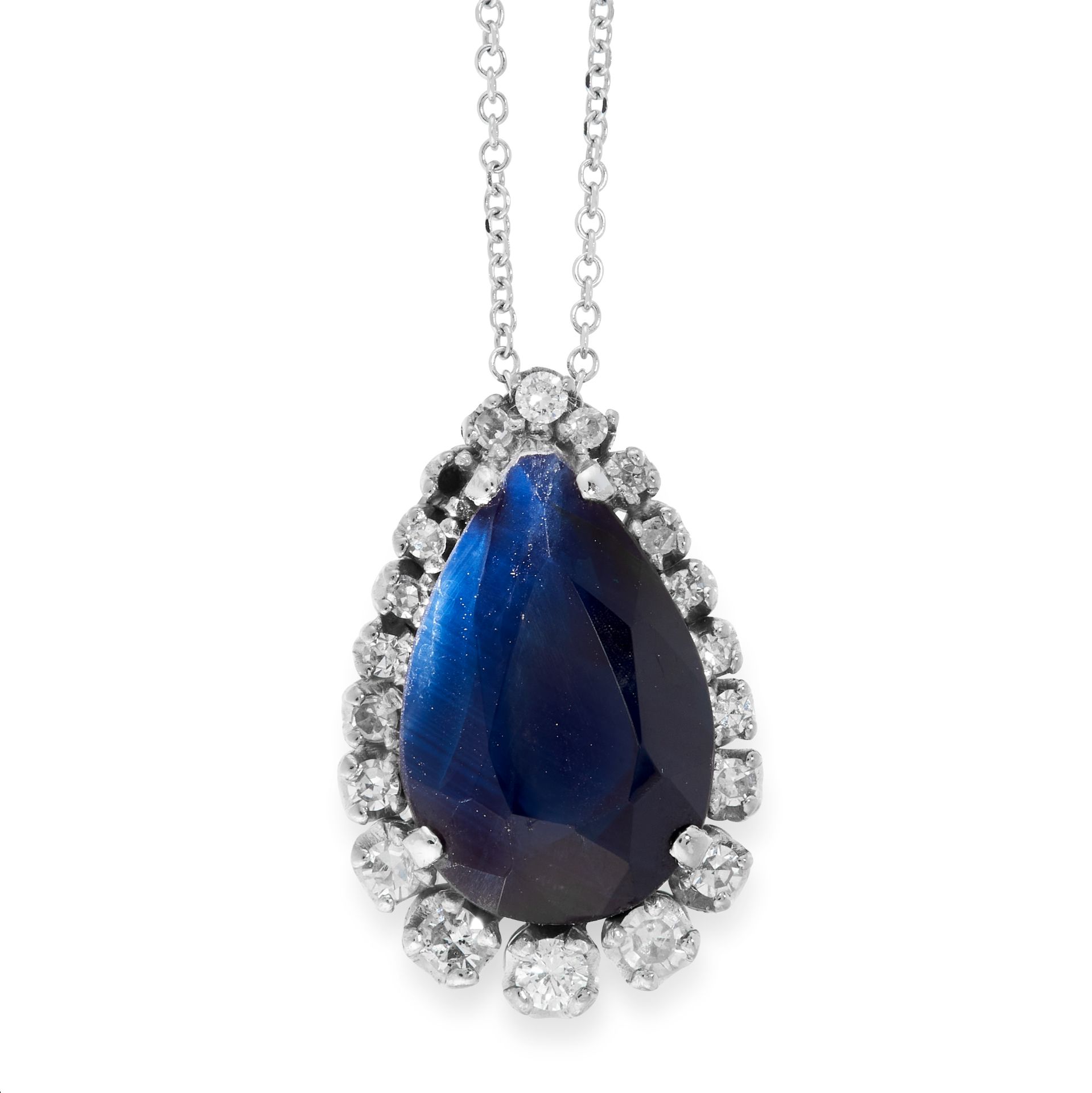 A SAPPHIRE AND DIAMOND PENDANT AND CHAIN in 18ct white gold, set with a pear cut sapphire of 4.38