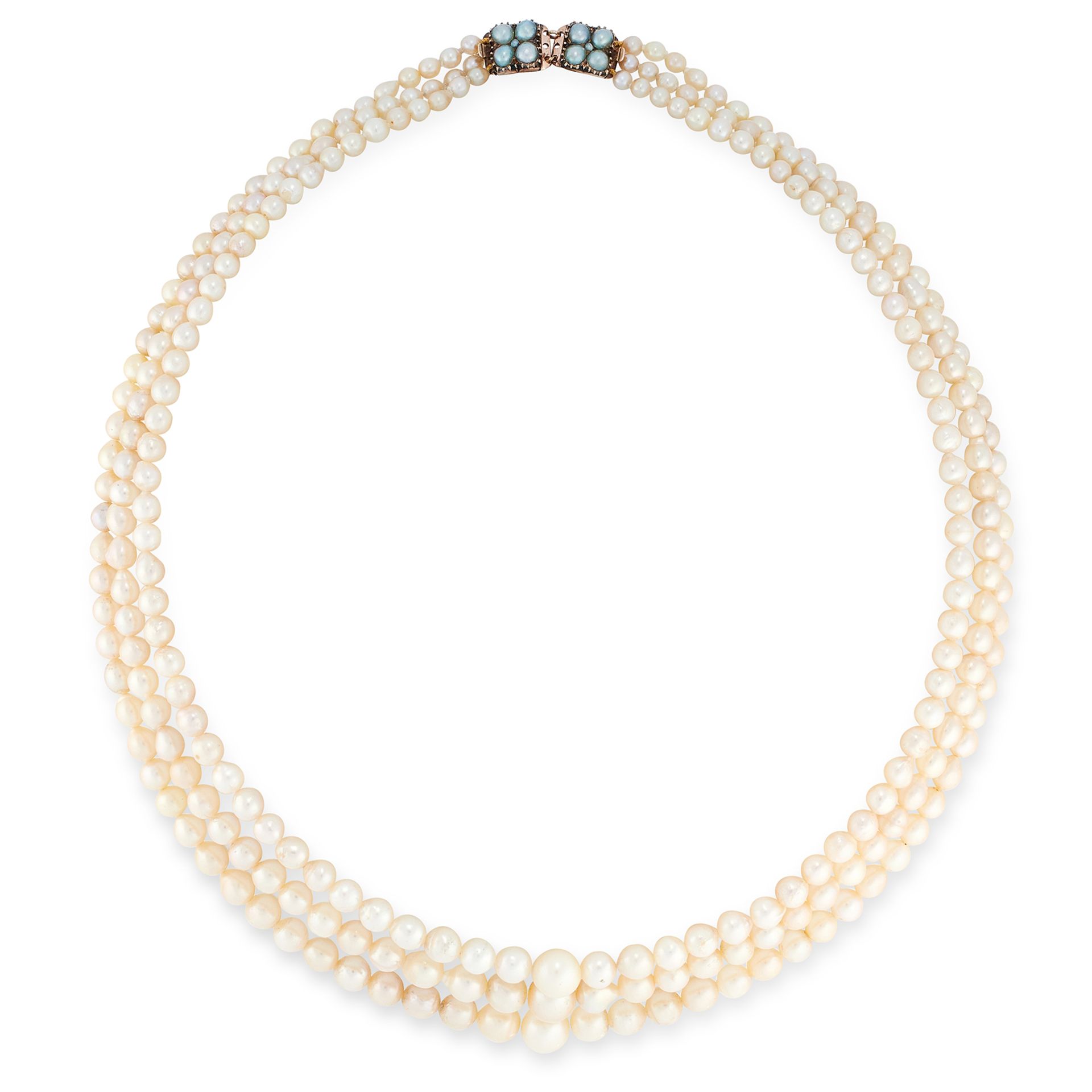 A THREE ROW PEARL NECKLACE comprising of three rows of graduated pearls on a clasp set with two