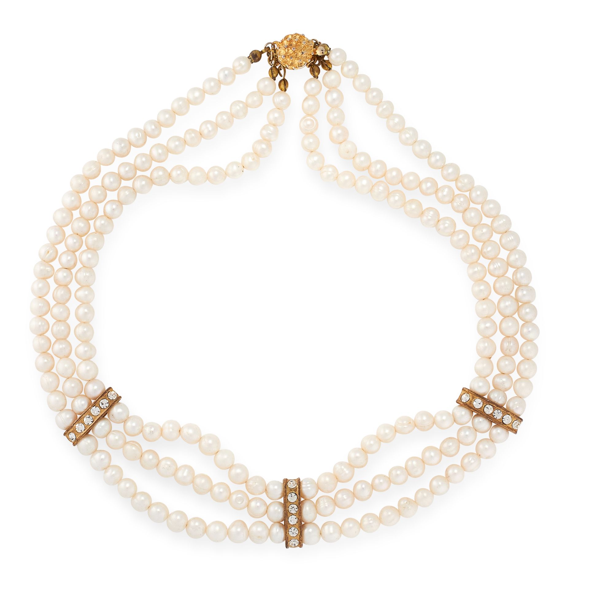 A PEARL CHOKER NECKLACE comprising of three rows of pearl beads ranging from 6.1mm-6.6mm, with paste