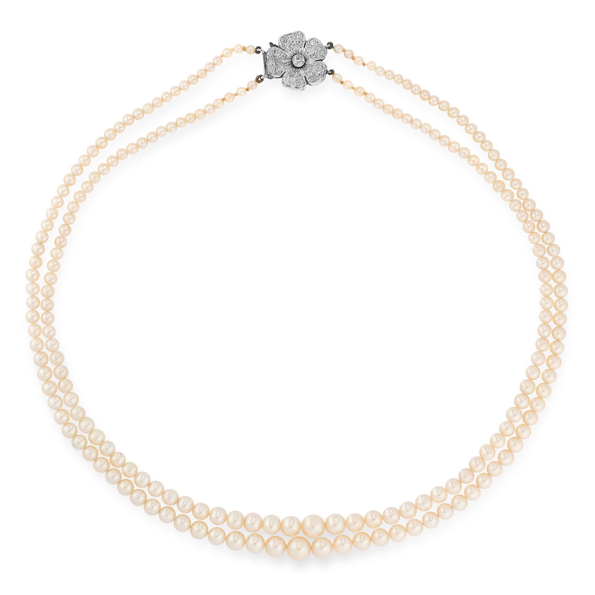 A PEARL AND DIAMOND NECKLACE, CIRCA 1955 in platinum, comprising two rows of graduated pearls
