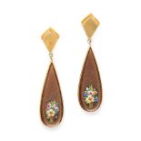 A PAIR OF MICROMOSAIC AND GOLDSTONE EARRINGS in 18ct yellow gold, comprising of a gold kite shaped