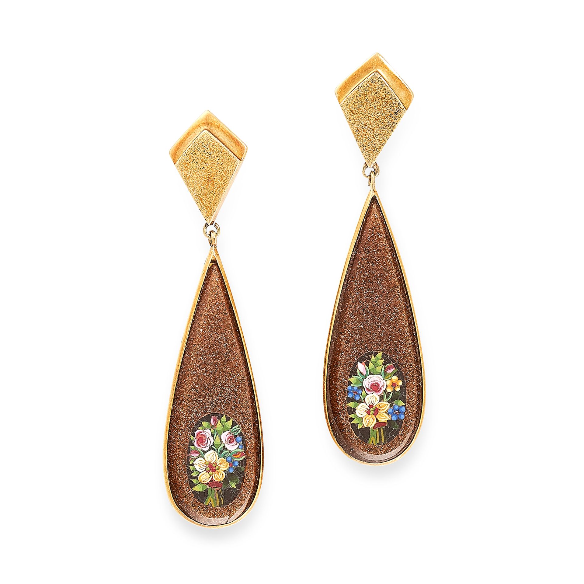 A PAIR OF MICROMOSAIC AND GOLDSTONE EARRINGS in 18ct yellow gold, comprising of a gold kite shaped