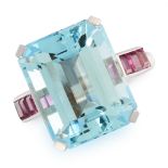AN AQUAMARINE AND RUBY RING in platinum, set with an emerald cut aquamarine of 11.58 carats