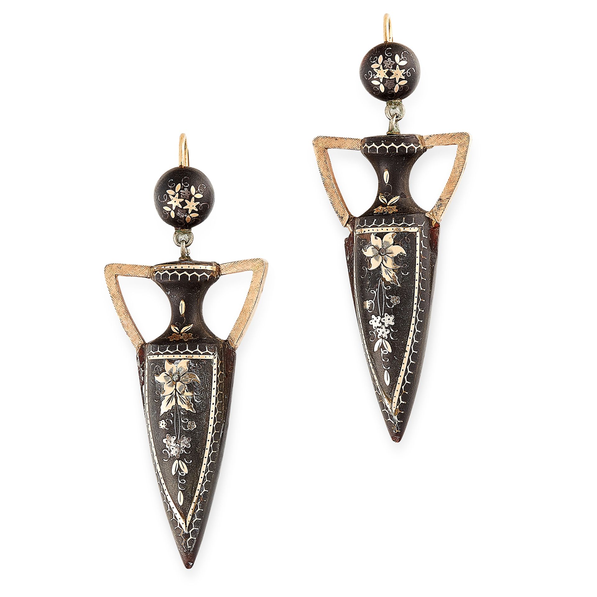 A PAIR OF ANTIQUE PIQUE TORTOISESHELL EARRINGS in yellow gold, designed at urns decorated with