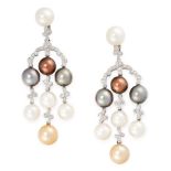 A PAIR OF PEARL AND DIAMOND CHANDELIER EARRINGS in 18ct white gold, in chandelier design, set with