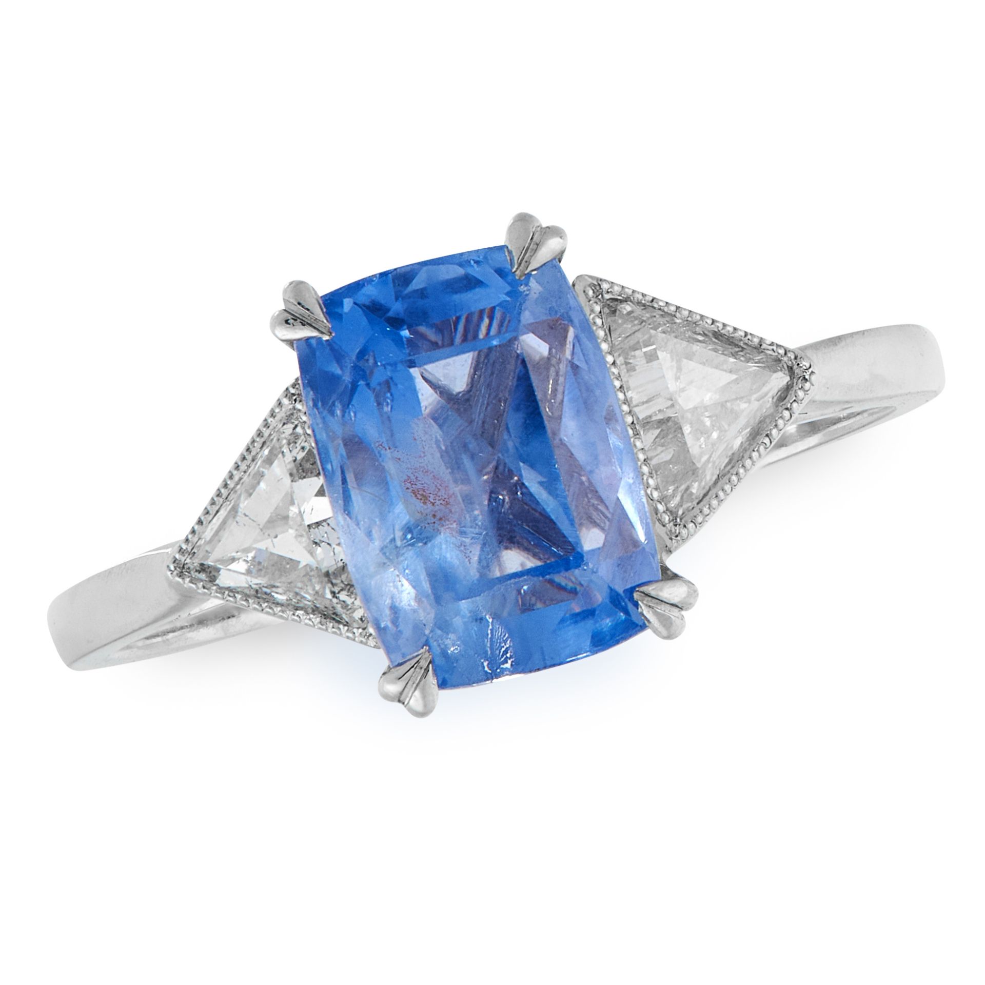 A CEYLON NO HEAT SAPPHIRE AND DIAMOND RING set with a cushion cut sapphire of 2.90 carats between