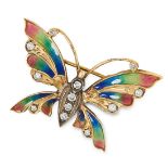 AN ANTIQUE DIAMOND AND ENAMEL BUTTERFLY BROOCH in yellow gold, set with round cut diamonds and