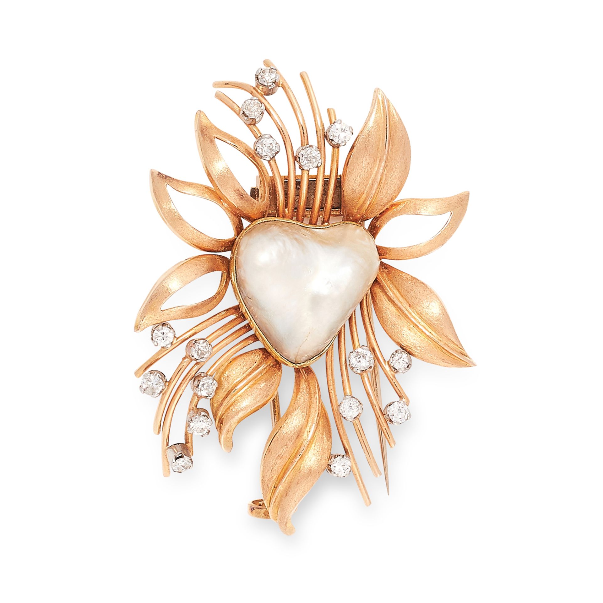 A VINTAGE PEARL AND DIAMOND BROOCH, 20TH CENTURY set with a central heart shaped baroque pearl of
