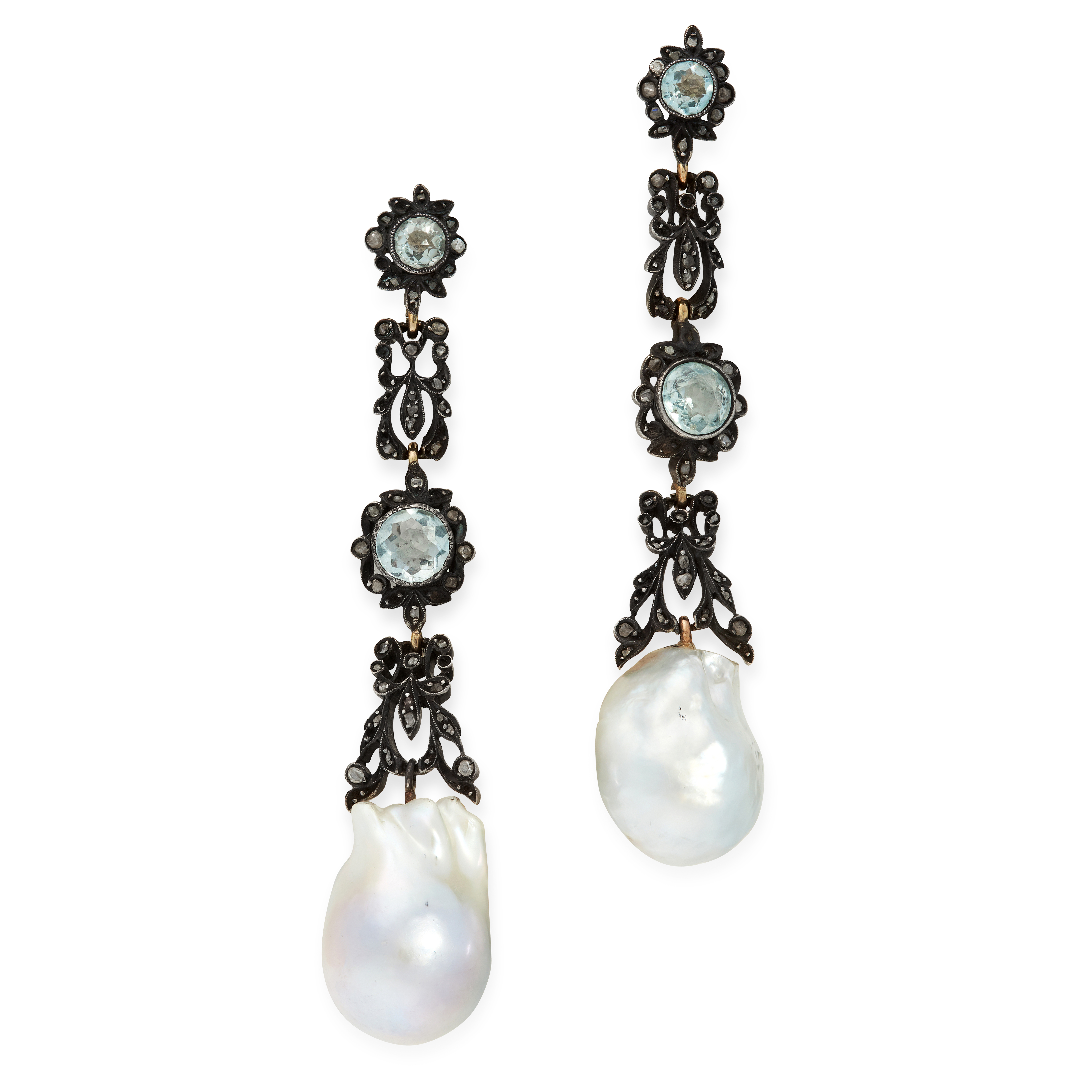 A PAIR OF PEARL, DIAMOND AND AQUAMARINE DROP EARRINGS in yellow gold and silver, each set with a