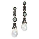 A PAIR OF PEARL, DIAMOND AND AQUAMARINE DROP EARRINGS in yellow gold and silver, each set with a