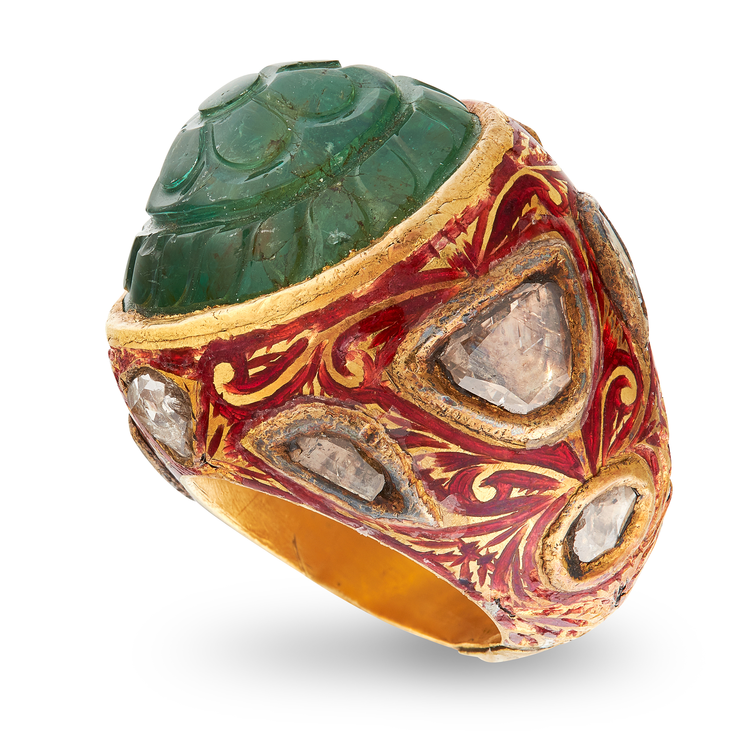 AN ANTIQUE EMERALD, DIAMOND AND ENAMEL RING, INDIAN in high carat yellow gold, set with a Mughal - Image 2 of 2