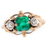 A COLOMBIAN EMERALD AND DIAMOND RING in yellow gold, set with an octagonal cut emerald of 1.31