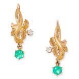 A PAIR OF ART NOUVEAU EMERALD AND DIAMOND EARRINGS in floral motif each set with an old cut