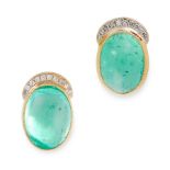 A PAIR OF EMERALD AND DIAMOND EARRINGS in 18ct yellow gold, each set with an oval cut cabochon