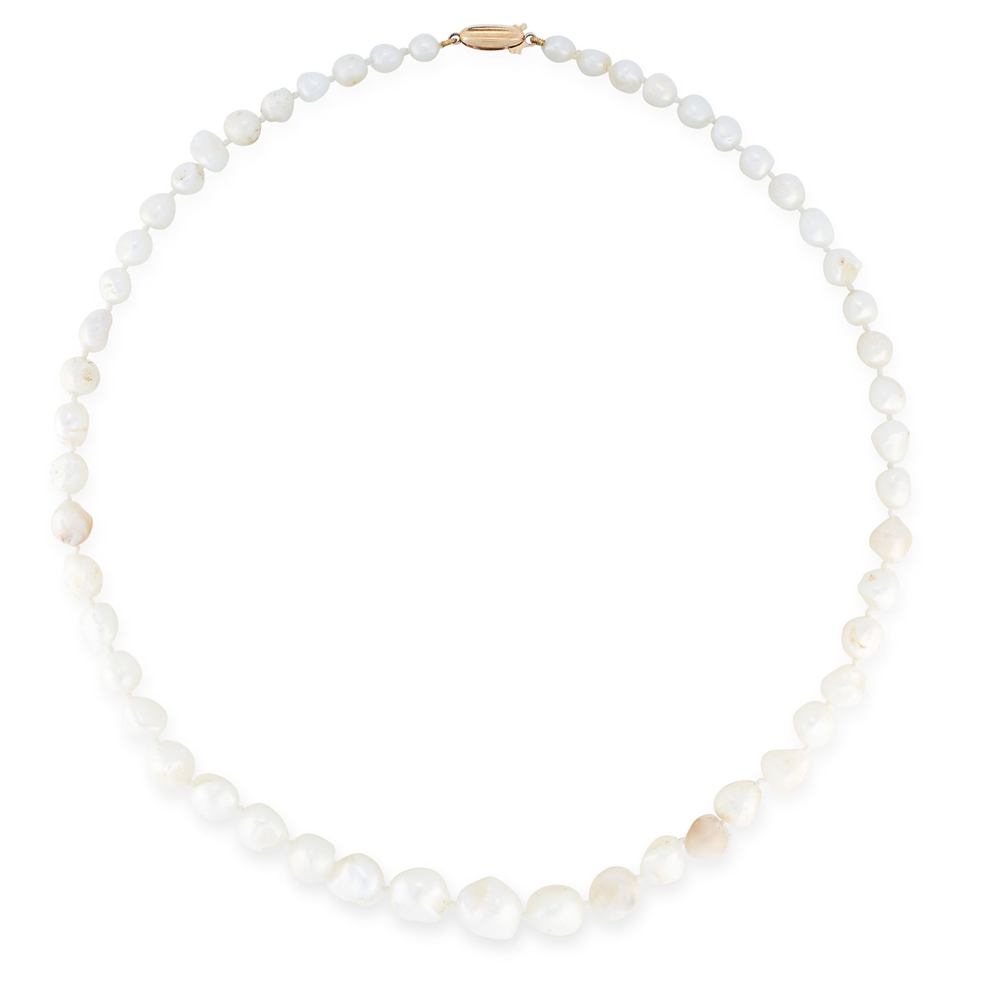 A PEARL NECKLACE comprising a single row of graduated baroque pearls, set on a gold clasp, marked