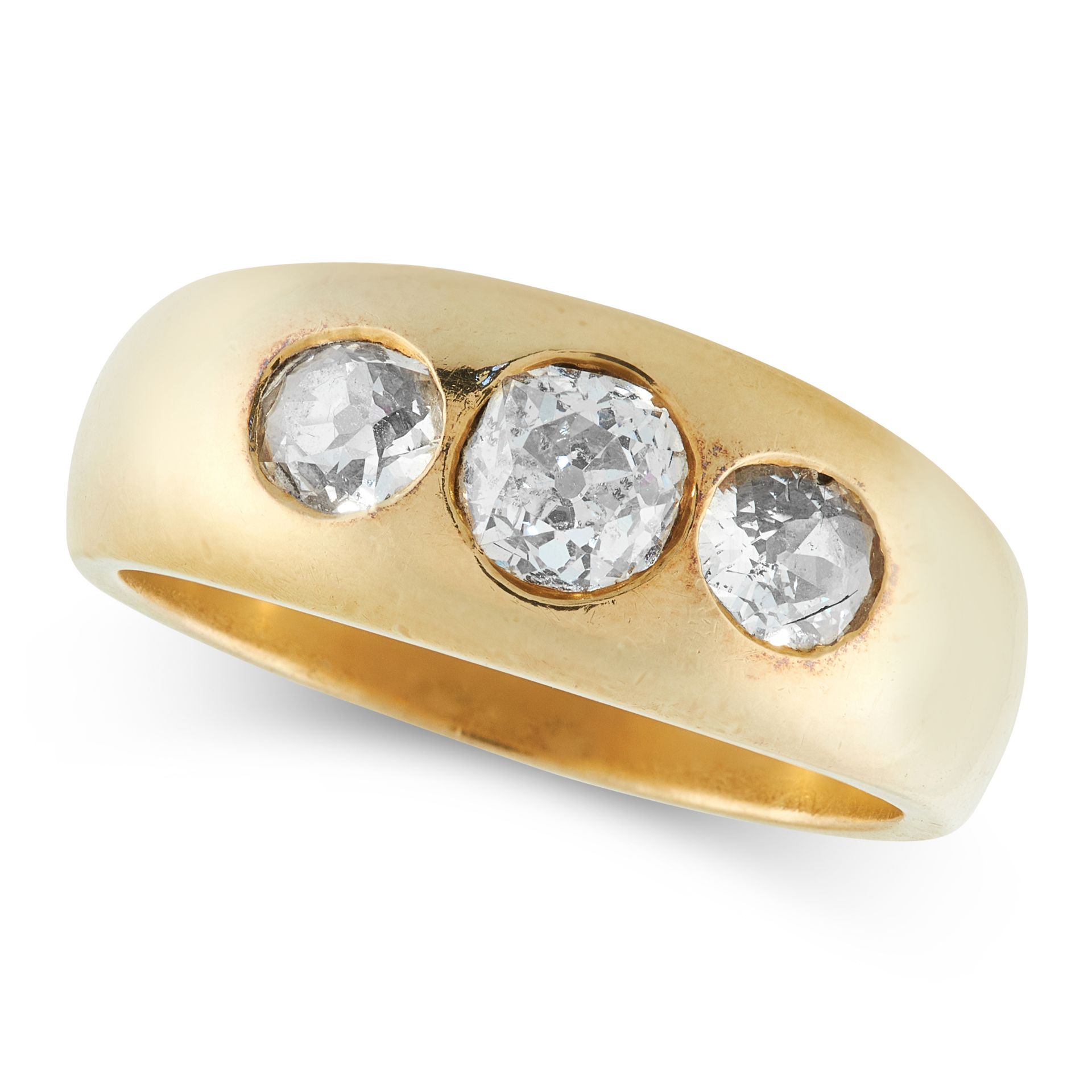 A DIAMOND GYPSY RING in yellow gold, set with three round cut diamonds totalling 1.70 carats,