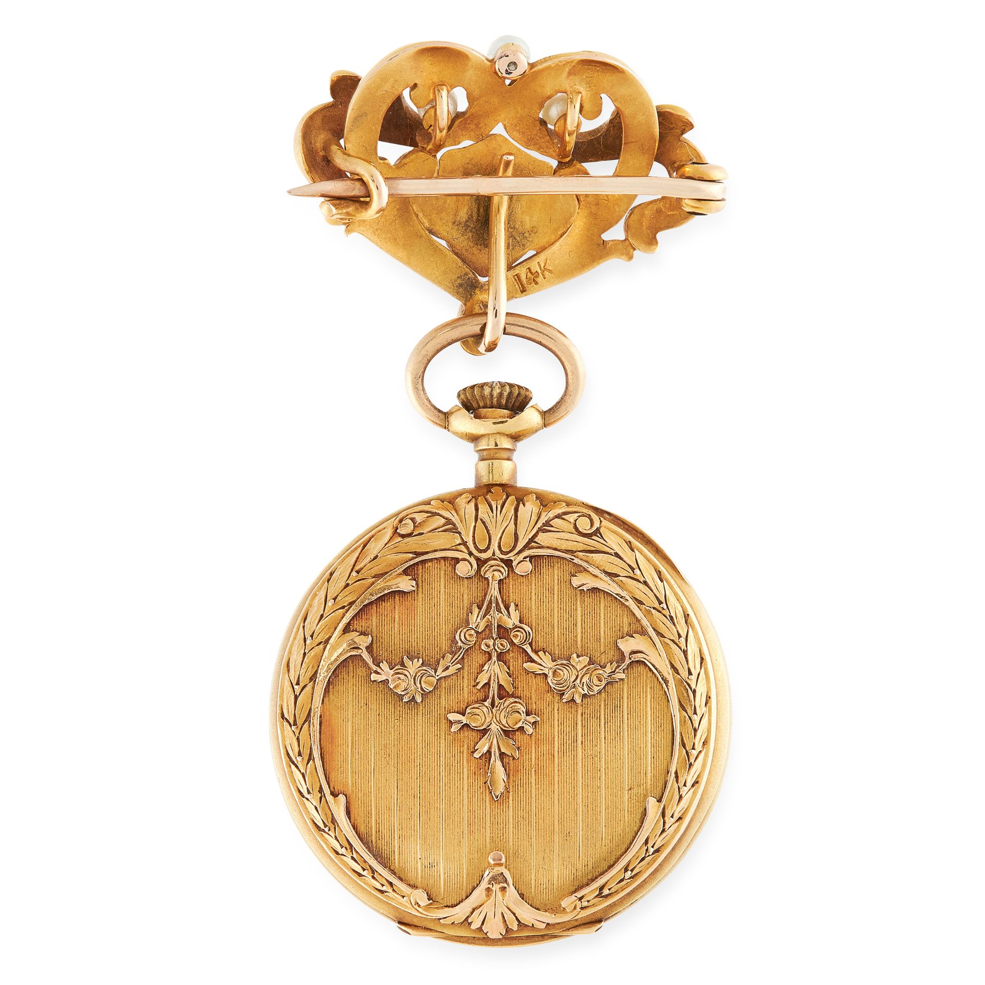 A PEARL BOOCH / POCKET WATCH in 14ct yellow gold, in circular form, the brooch fitting is set with - Bild 2 aus 2