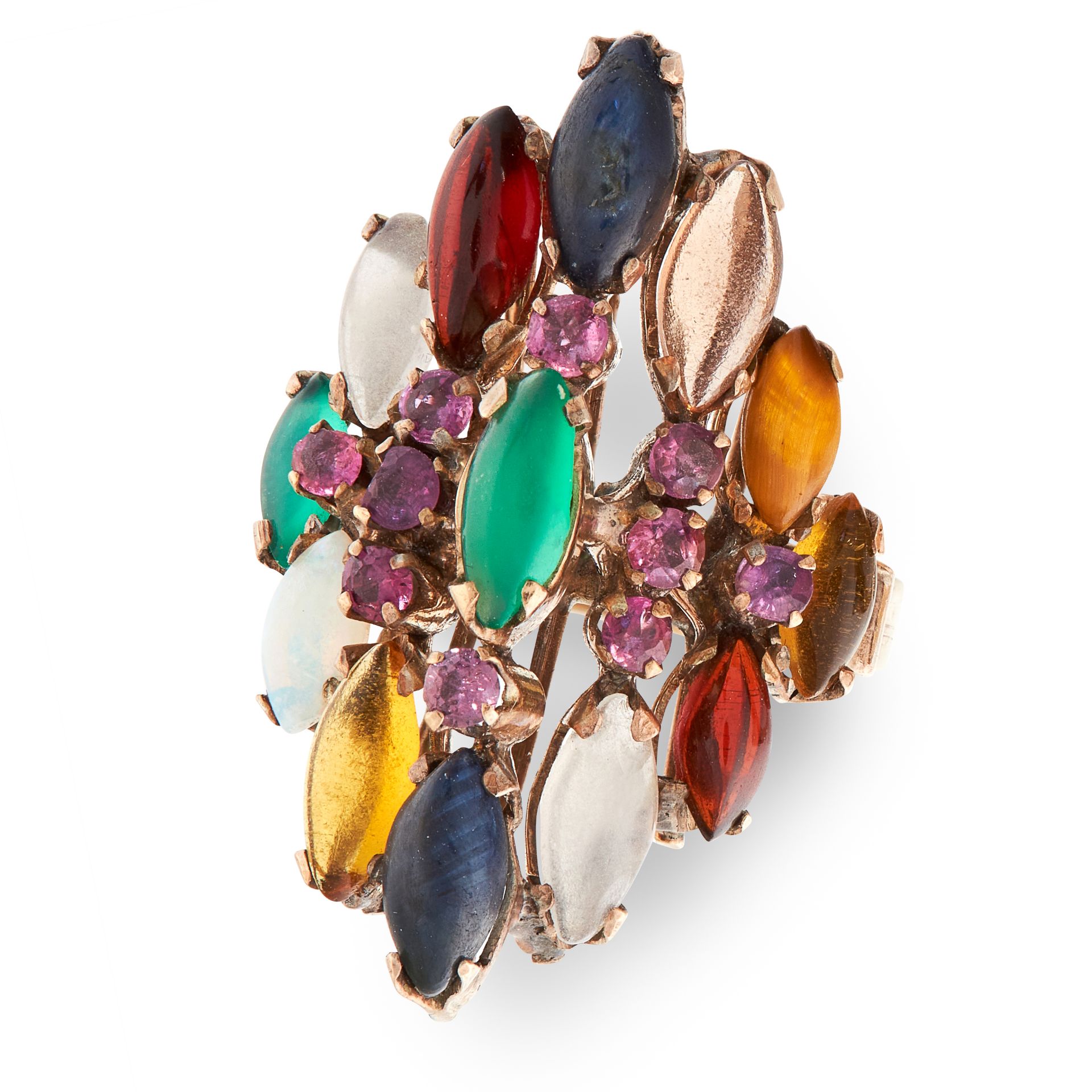 A VINTAGE GEMSET DRESS RING in yellow gold, the raised face is set with marquise cabochon gems