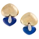 A PAIR OF LAPIS LAZULI AND DIAMOND EARRINGS in 18ct yellow gold, the triangular body of each with