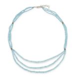 AN AQUAMARINE BEAD NECKLACE comprising three rows of faceted aquamarine rondelle beads, punctuated