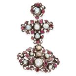 AN ANTIQUE PEARL AND RUBY GIRANDOLE BROOCH suspending a cross, set with grey pearls and oval and