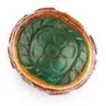 AN ANTIQUE EMERALD, DIAMOND AND ENAMEL RING, INDIAN in high carat yellow gold, set with a Mughal