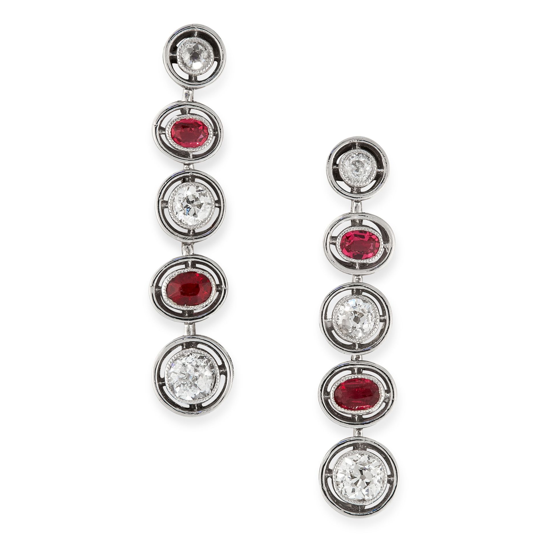 A PAIR OF DIAMOND AND SPINEL DROP EARRINGS in platinum, comprising of a row of alternating old cut