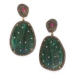 A PAIR OF EMERALD, RUBY AND DIAMOND EARRINGS each set with a carved emerald with foliate motifs,