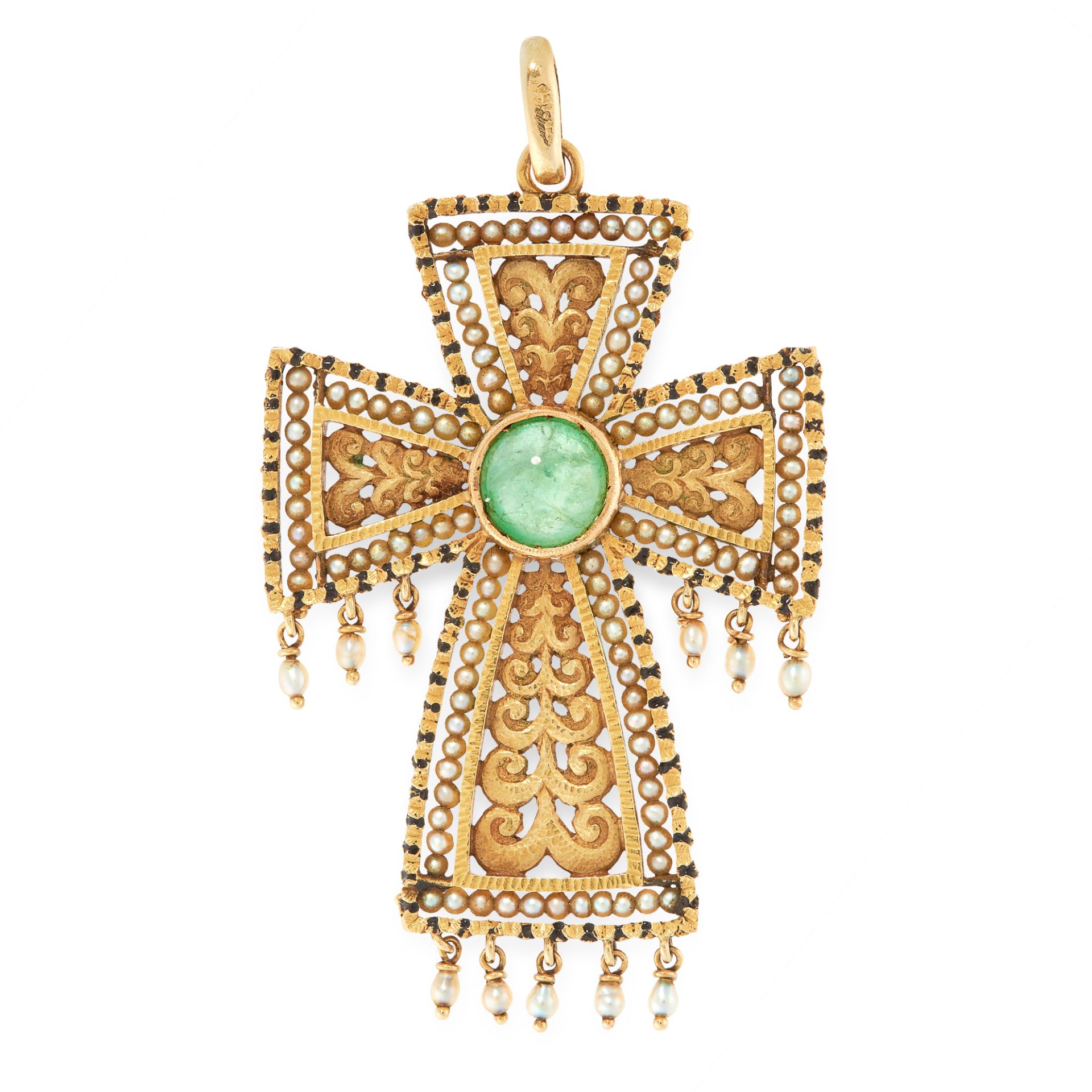 AN EMERALD AND PEARL CROSS PENDANT in yellow gold, designed as a cross, set at the centre with a