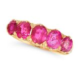 A BURMA NO HEAT RUBY RING in high carat yellow gold, comprising a row of five graduated oval cut