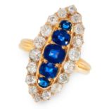 AN ANTIQUE SAPPHIRE AND DIAMOND RING, LATE 19TH CENTURY in high carat yellow gold, the navette