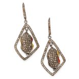 A PAIR OF GEMSET AND DIAMOND EARRINGS each formed of a kite shaped halo of diamonds, suspending