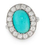 A TURQUOISE AND DIAMOND CLUSTER RING, EARLY 20TH CENTURY set with an oval cabochon turquoise of 4.71