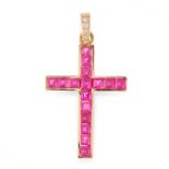 A SYNTHETIC RUBY AND DIAMOND CROSS PENDANT designed as a cross, the body set with rows of step cut