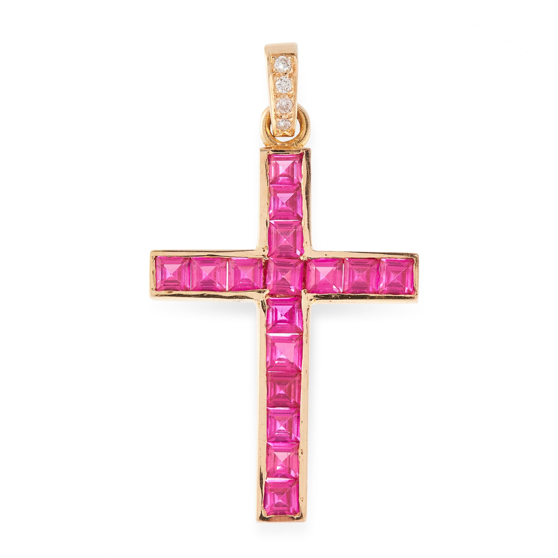 A SYNTHETIC RUBY AND DIAMOND CROSS PENDANT designed as a cross, the body set with rows of step cut