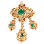 AN ANTIQUE EMERALD AND DIAMOND PENDANT / BROOCH, 19TH CENTURY in yellow gold, the body set with a