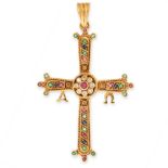 A RUBY, EMERALD, SAPPHIRE AND DIAMOND CROSS PENDANT in 18ct yellow gold, designed as a cross,