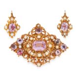 AN ANTIQUE PINK TOPAZ AND PEARL BROOCH AND EARRINGS SUITE, 19TH CENTURY in high carat yellow gold,
