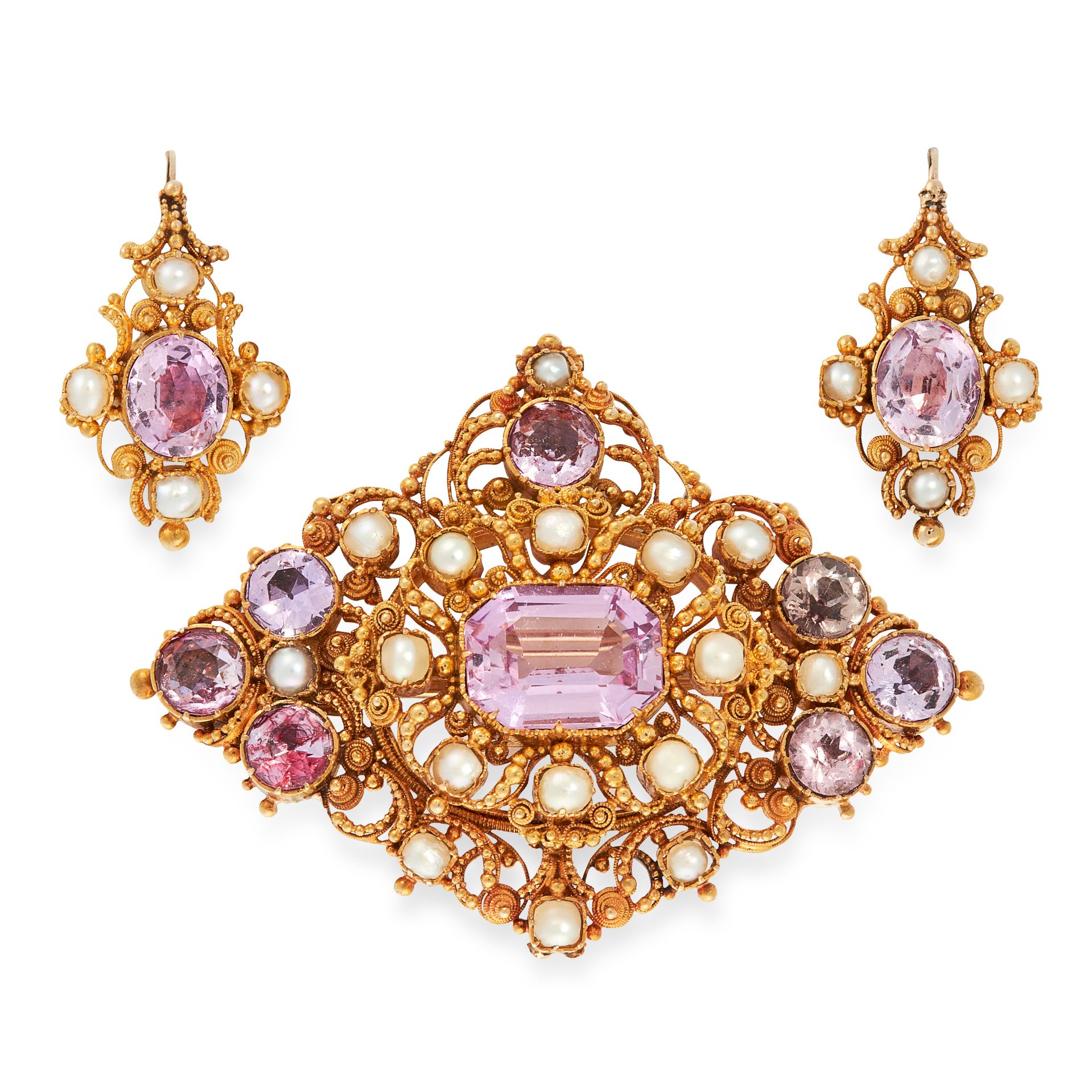 AN ANTIQUE PINK TOPAZ AND PEARL BROOCH AND EARRINGS SUITE, 19TH CENTURY in high carat yellow gold,