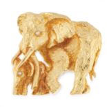 A VINTAGE DIAMOND ELEPHANT BROOCH in high carat yellow gold, designed as a mother elephant and her