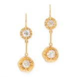 A PAIR OF ANTIQUE DIAMOND EARRINGS in yellow gold, each set with two old cut diamonds suspended by