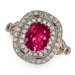 A BURMA NO HEAT RUBY AND DIAMOND RING in 18ct yellow gold, set with a cushion cut ruby of 2.85