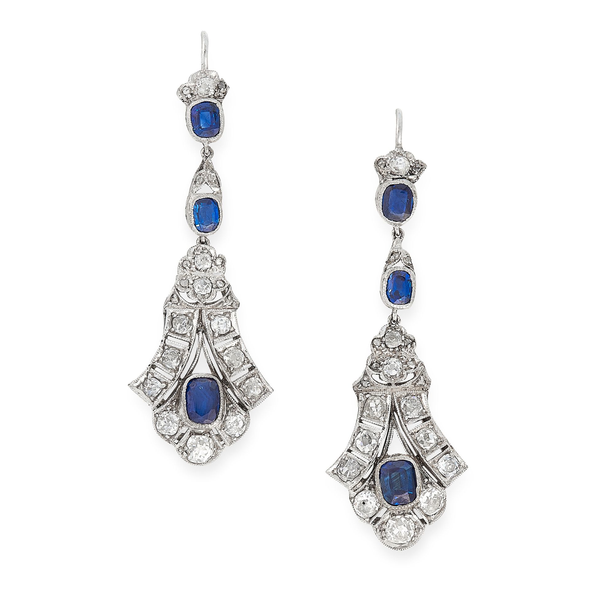 A PAIR OF SAPPHIRE AND DIAMOND EARRINGS, EARLY 20TH CENTURY in platinum and 18ct white gold, of