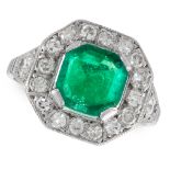 A COLOMBIAN EMERALD AND DIAMOND RING, CIRCA 1950 in 18ct white gold, set with an emerald cut emerald