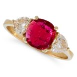 A RUBY AND DIAMOND DRESS RING in 18ct yellow gold, set with a cushion cut ruby of 1.32 carats,