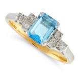 AN AQUAMARINE AND DIAMOND RING, CIRCA 1940 in 18ct yellow gold and platinum, set with an emerald cut