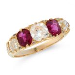 AN ANTIQUE UNHEATED RUBY AND DIAMOND FIVE STONE RING in high carat yellow gold, set with a central